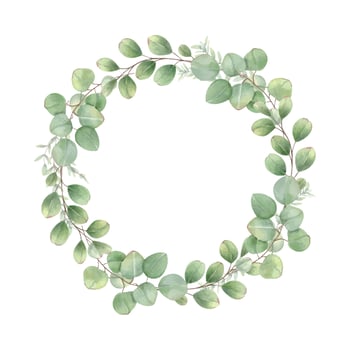 Watercolor green eucalyptus leaves wreath. Silver dollar tree foliage illustration with copy space for text. Floral round frame for stationary, wedding and birthday arrangement, invitation vector