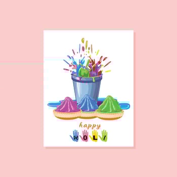 Vibrant Holi card design with colorful bucket splashes, powder bowls, and playful handprints vector