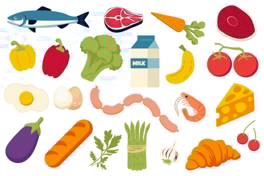 Food products set in flat graphic design. Collection elements of fish, meat steak, carrot, yellow pepper, red paprika, broccoli, milk package, banana, tomato, eggs, cheese, other. illustration. vector