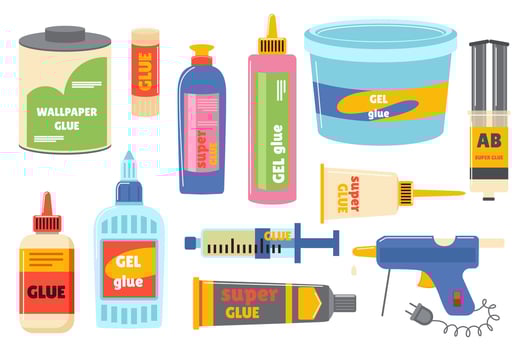 Glue containers set in flat graphic design. Collection elements of liquid sticky fix material for wallpaper and paper in bottles, sticks, tubes, cans, jars and other packaging. illustration. vector