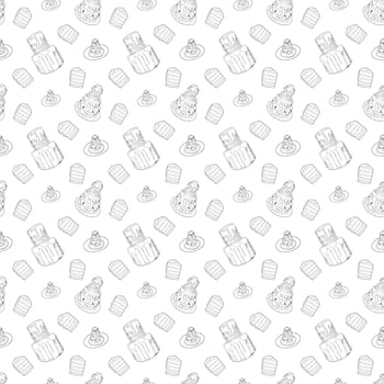 Whole cakes and their pieces. Doodle style. Seamless pattern. vector