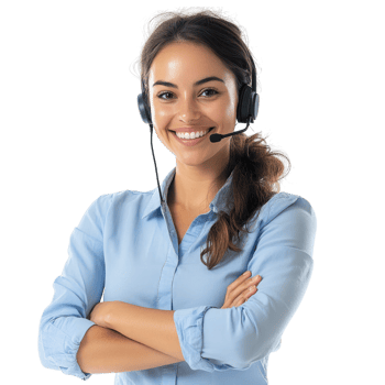 A woman in a blue shirt with a headset is smiling with her arms crossed against a white transparent, alpha png