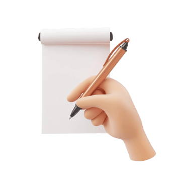 Cartoon hand holding pen poised over blank notepad ready for signing or writing notes, Sign Paper Concept 3D Cartoon Hand Holding Pen on Transparent background png