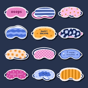 Funny cartoon sticker set with sleeping mask for planners, notebooks. Ready for print list of eye mask with geometric, animal and flower pattern, lettering, lace decoration. Bedtime accessory vector