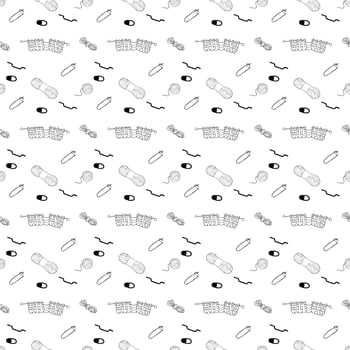 Knitting accessories. Doodle style. Seamless pattern. vector