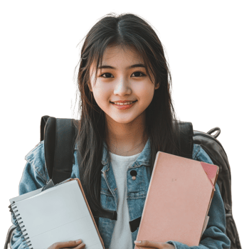 Young Asian girl carrying notebooks and wearing a backpack outdoors in a bright, sunny environment, Young Asian girl wearing a backpack and carrying notebooks png