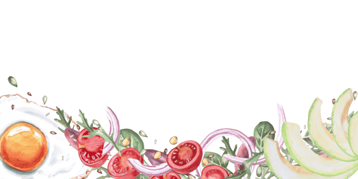 Rectangular frame with fried eggs, avocado, tomatoes and greens. Isolated watercolor illustration in realistic style on the theme of food for restaurant menus, gastronomic magazines and festivals. png