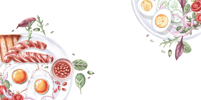 Rectangular frame with two plates with breakfast. Isolated watercolor illustration on the theme of English breakfast for restaurant menu design, gastronomic magazines and festivals. png