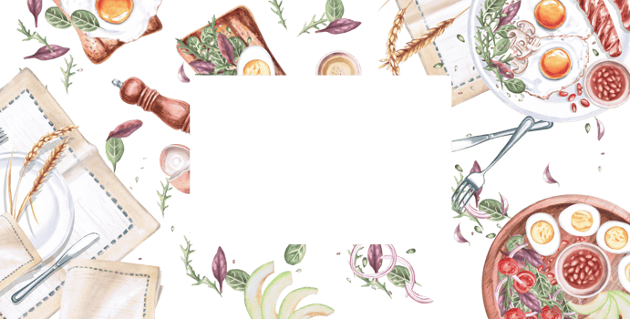 Rectangular frame with served plates with breakfast. Isolated watercolor illustration on the theme of English breakfast for restaurant menu design, gastronomic magazines and festivals. png
