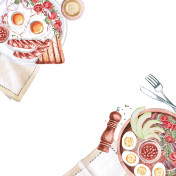 Square frame with country and English breakfast. Isolated watercolor illustration on food theme for restaurant menu design, gastronomic magazines and festivals. png