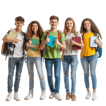 Group of cheerful students holding books and showing thumbs up in a studio setting, Group Students with books gesturing thumbs up isolated on white background png