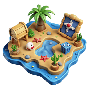 3D Render Tropical Island Scene Palm Tree, Treasure Chest, Starfish, Cactus, and Ocean png