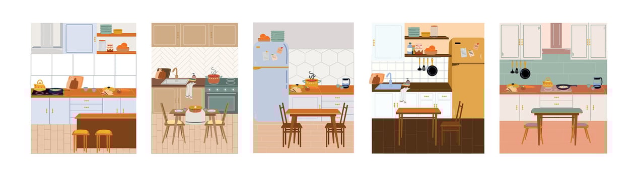 Set of modern interior design of cozy home kitchen. vector