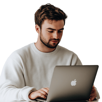 Young man working on laptop in a bright environment focusing on his tasks, man using his laptop, Transparent background png