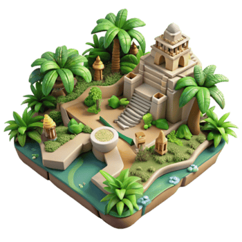 3D Stylized Oasis Island Game Asset Lush Tropical Plants Ancient Temple Architecture png