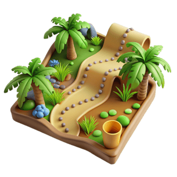3D Render Tropical Island Path Illustration, Winding Sandy Road, Palm Trees, Lush Greenery, Cartoon Style png