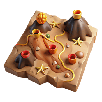Whimsical 3D Render of a Fantasy Island Landscape with Volcanoes and Starfish png