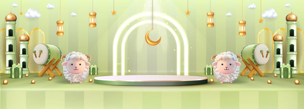 Eid Al Adha Sale illustration concept with podium, Lantern, mosque, cute sheep and gift box. vector