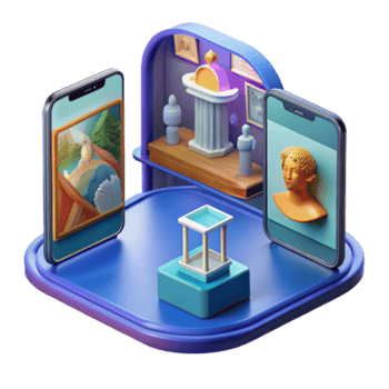 3D Render of Smartphones Displaying Artwork and Classical Sculptures on a Digital Museum Platform png