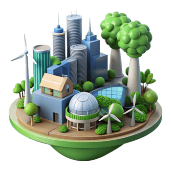 Eco-Friendly City Island 3D Illustration Sustainable Urban Landscape with Wind Turbines and Green Buildings png