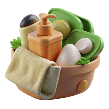 Spa Day Essentials 3D Illustration Relaxing Bath Products, Towel, and Soaps in a Bowl png