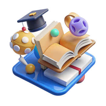 3D Illustration of Books, Graduation Cap, and Abstract Shapes png
