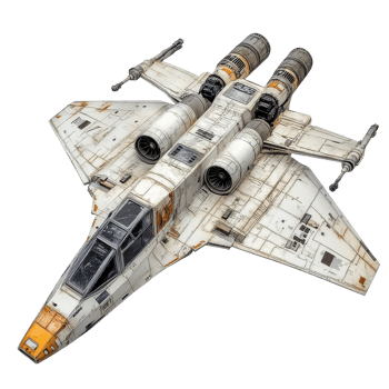 Model of a star fighter jet with turret designed in a worn white finish for display purposes, model a star wars fighter jet with a turret, Transparent background png