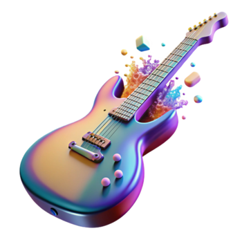 3D Render of Iridescent Electric Guitar with Colorful Paint Splash png