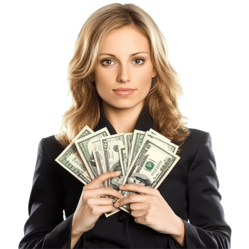 Businesswoman holds cash, showcasing financial success and confidence in a professional setting, Businesswoman with Dollars isolated on white background png