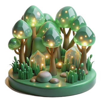 Enchanted 3D Forest Illustration Glowing Trees Crystal Caves png