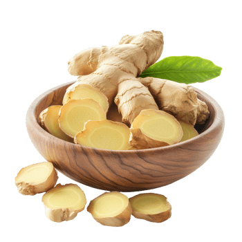 Fresh ginger slices in wood bowl on white background for culinary use and health benefits, Fresh ginger with slices in wood bowl on white background png