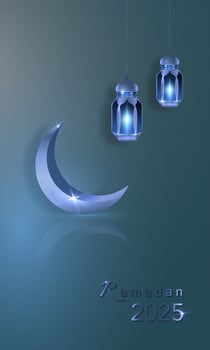 Ramadan 2025 vertical banner, 3D gold crescent moon and Arabic Hanging light Lamps, holiday greeting traditional islamic design. Blue light background with copy space for your text vector
