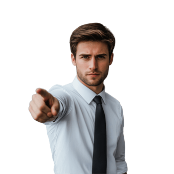 Business man in white shirt and black tie points confidently in an office setting during daylight hours, simple white business man with black tie pointing with finger png
