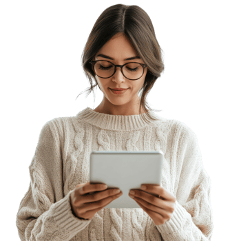Woman using digital tablet while wearing glasses against a Transparent background, Woman with digital tablet isolated on background png