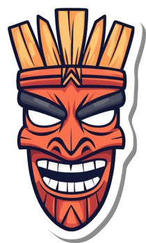 A stylized orange tiki mask with a wide grin png