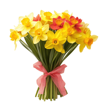 Bright daffodil floral bouquet featuring yellow and orange blooms with green foliage, dafodil Flowers Floral Bouquets flowers with White background png