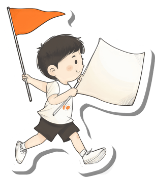 A cheerful boy runs carrying a flag and a blank sign png