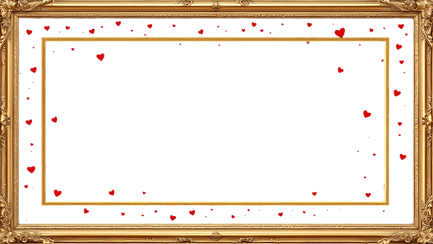 A luxurious golden frame with small red hearts and sparkles isolated on transparent background png