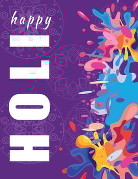 Festive Holi banner with bright colors, powder splashes, and traditional Indian rangoli mandala, perfect for celebrations vector
