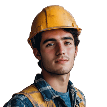 Young male construction worker wearing yellow hard hat poses confidently on job site, Young male construction Worker with hard hat png