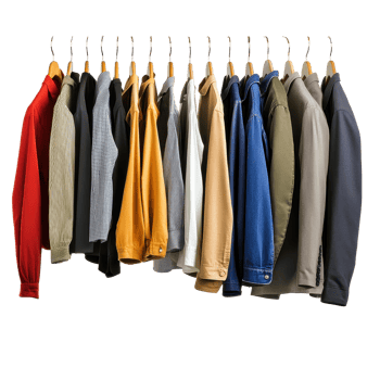 Colorful shirts arranged neatly on hangers against a plain Transparent background, clothes hanging on hangers png