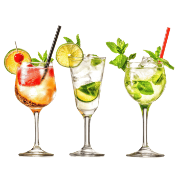 Exotic cocktail display featuring colada, margarita, and mojito at a tropical bar, Titre Exotic Cocktail, Colada, Margarita, and Mojito on Transparent background png
