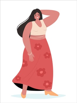 Beautiful young woman in light summer clothes with long hair in full length. flat graphics. vector
