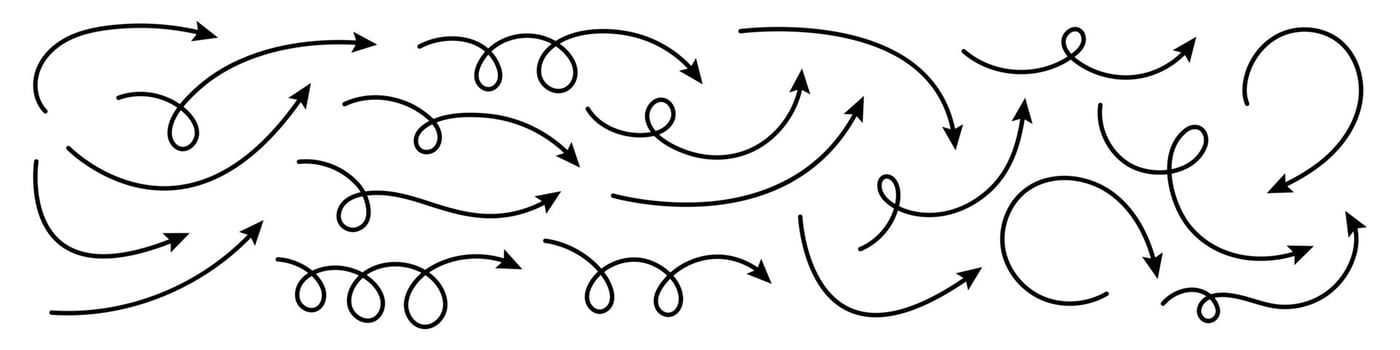 Collection of curved hand drawn arrows. Set simple curved arrows. vector