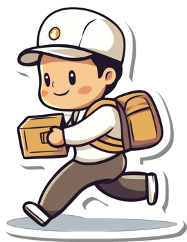 A cheerful delivery boy runs carrying a package png