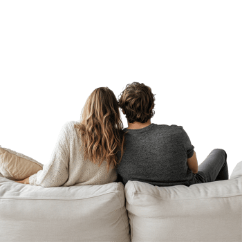 Couple enjoying a cozy moment together on a couch in a simple and bright setting, Couple sitting on couch, back view,isolated on white png