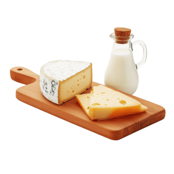 Delicious dairy products including cheeses and milk arranged on a wooden cutting board, Dairy Products Cheeses and Milk on the Cutting Board isolated on Transparent background png