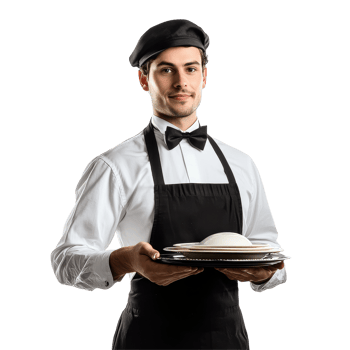 Elegant waiter serving food with a welcoming smile against a white background, Elegant Waiter Serving Pose Isolated on white background png