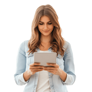 Woman using digital tablet while standing against a Transparent background, Woman with digital tablet isolated on background png