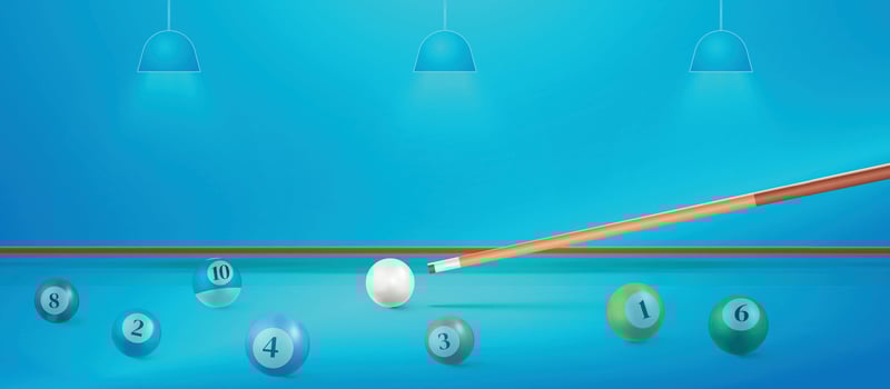 Billiard balls on the blue table with a cue and ball. American billiards, snooker table blue light, illustration vector